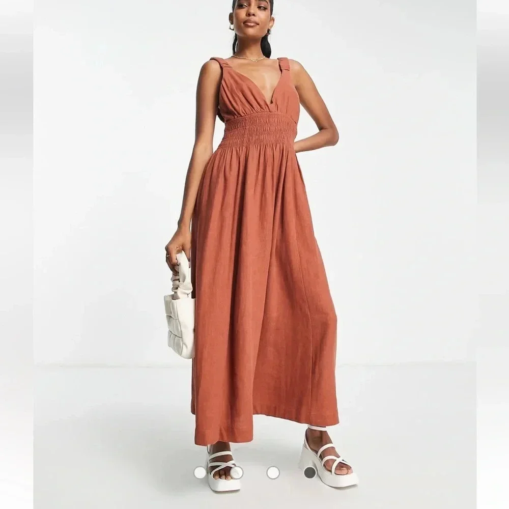 Abercrombie & Fitch Linen Ruched Maxi Dress Size S Petite